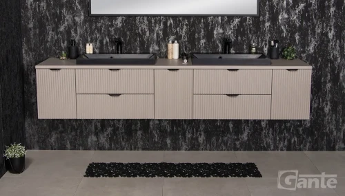 2 metrowa szafka do łazienki z blatem + 2 czarne umywalki nablatowe kolor bez fume mat lamele na froncie  victa lamello
