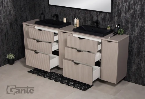 2 metrowa szafka do łazienki z blatem + 2 czarne umywalki nablatowe kolor bez fume mat lamele na froncie  3 szuflady (4).webp