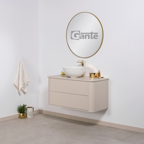 oryginalna szafka do łazienki beżowa z blatem zaokrąglone boki kolekcja Lilia. Szerokośc szafki 100 cm Lamele na froncie Beżowy blat do łazienki Glamour