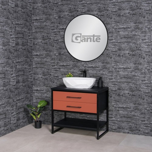 stojąca pomarańczowa szafka łazienkowa z czarnym blatem kolekcja New York (1).jpg