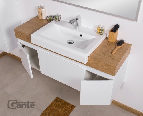 Szafka łazienkowa z grubym blatem w dekorze dębu. Szerokość szafki 120 cm. Oryginalna umywalką. Kolekcja Cassini