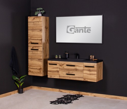 szafka łazienkowa w stylu loft dekor dąb z czarna umywalka