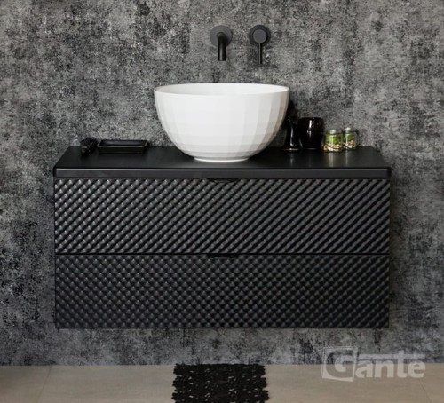 Szafka pod umywalkę z blatem 100 cm fronty szklane boki czarny mat 2 szuflady z cichym domykiem biała umywalka nablatowa w kształcie misy bateria podtynkowa