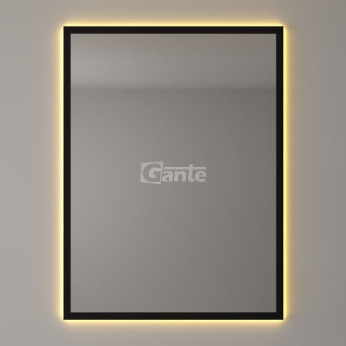Lustro łazienkowe 60x80 cm w cienkiej, czarnej aluminiowej ramie. Prostokątne lustro z ciepłym podświetleniem LED, gotowe do montażu w pionie lub poziomie.