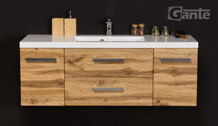 Szafka łazienkowa z umywalką 120 cm duża umywalka 120 z blatami po boku kolor szafki dąb kolekcja Fokus głębokość 39 cm