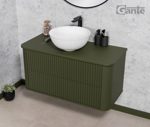 zielona szafka łazienkowa z zielonym blatem szerokość 100 cm 2 szuflady z frezowanym frontem kolekcja mebli łazienkowych Lilia