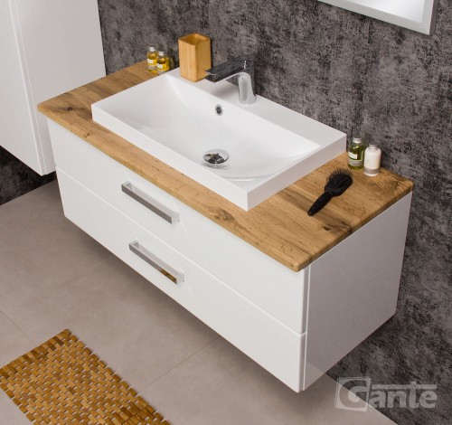 Biała szafka pod umywalkę z blatem drewnianym Fokus 100 cm wersja 2 szuflady