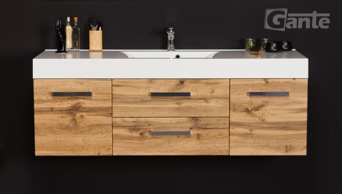 wiszaca szafka łazienkowa 2 szuflady umywalka 120 cmz blatami odstawczymi  głębokość 50 cm dekor dąb naturalny