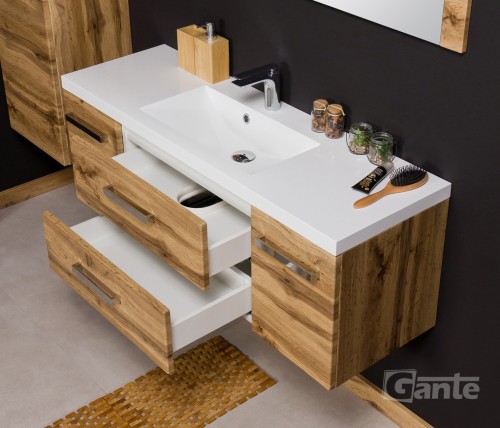 Szafka łazienkowa z umywalką 120 cm duża umywalka 120 z blatami po boku kolor szafki dąb kolekcja Fokus głębokość 39 cm