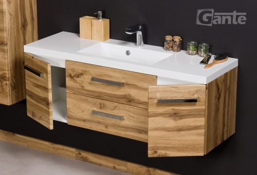 Szafka łazienkowa z umywalką 120 cm duża umywalka 120 z blatami po boku kolor szafki dąb kolekcja Fokus głębokość 39 cm