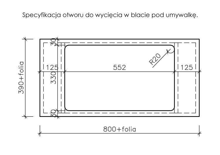 shemat wycięcia otworu w blacie pod dedykowaną umywalkę Lisa