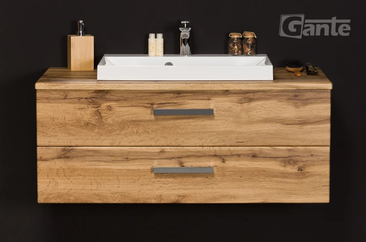 Szafka łazienkowa z blatem 100 cm dąb naturalny 2 szuflady z umywalką nablatową