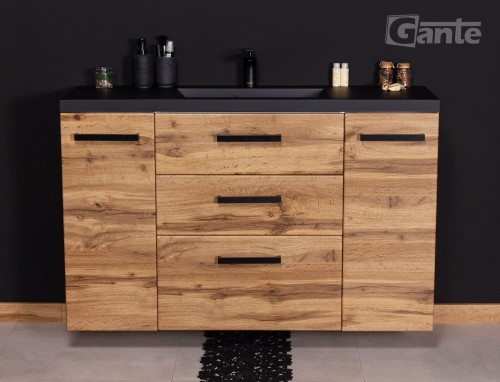 szafka łazienkowa w stylu loft 120 cm z czarna umywalką z blatem odstawczym