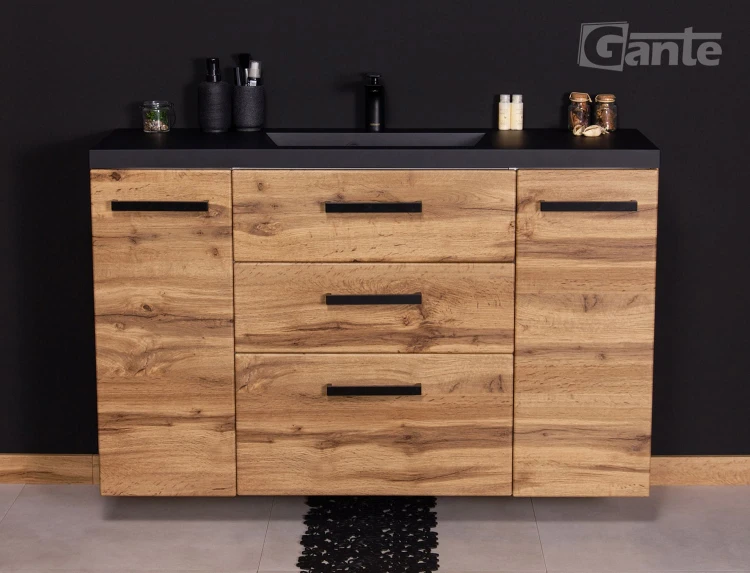 szafka łazienkowa w stylu loft 120 cm z czarna umywalką z blatem odstawczym