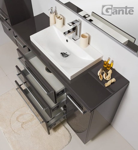 Szara szafka do łazienki FOKUS 120 cm 3 szuflady + blat + umywalka nablatowa LIV 600