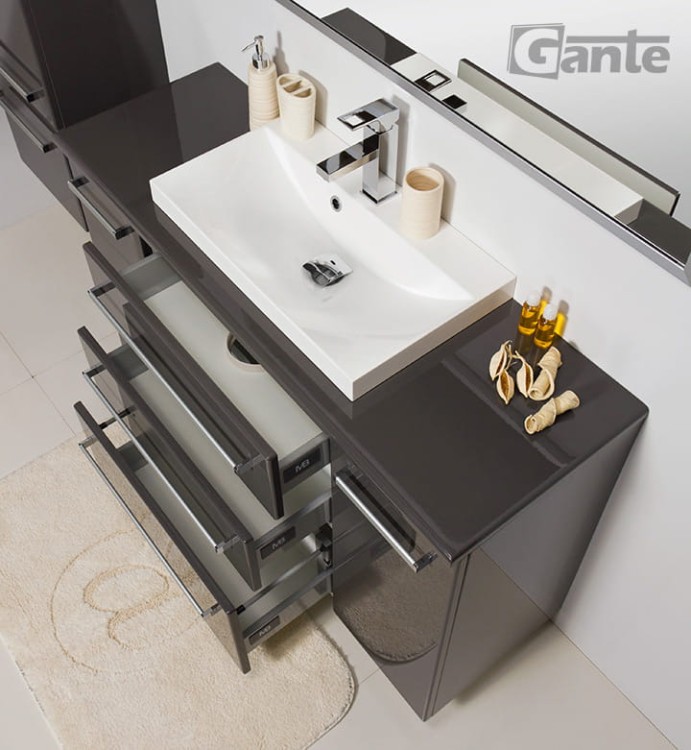 Szara szafka do łazienki FOKUS 120 cm 3 szuflady + blat + umywalka nablatowa LIV 600