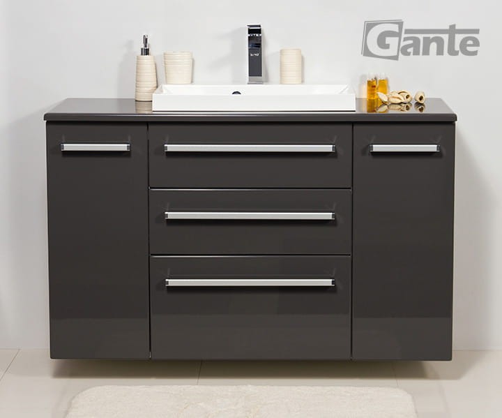 Szara szafka do łazienki FOKUS 120 cm 3 szuflady + blat + umywalka nablatowa LIV 600