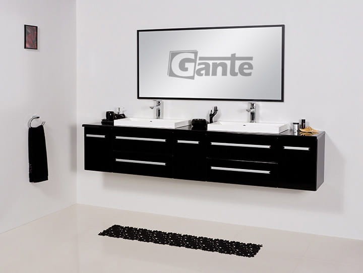 Duża szafka z blatem Fokus 210 cm czarny połysk + umywalki nablatowe LIV-600