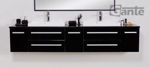 Duża szafka z blatem Fokus 210 cm czarny połysk + umywalki nablatowe LIV-600