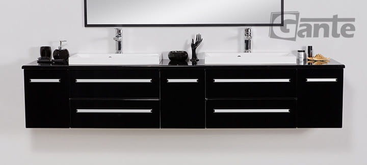 Duża szafka z blatem Fokus 210 cm czarny połysk + umywalki nablatowe LIV-600