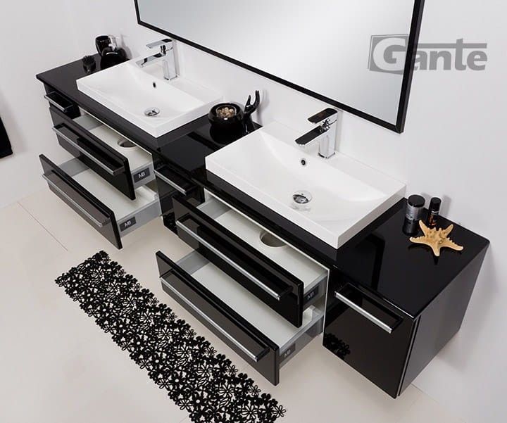 Duża szafka z blatem Fokus 210 cm czarny połysk + umywalki nablatowe LIV-600