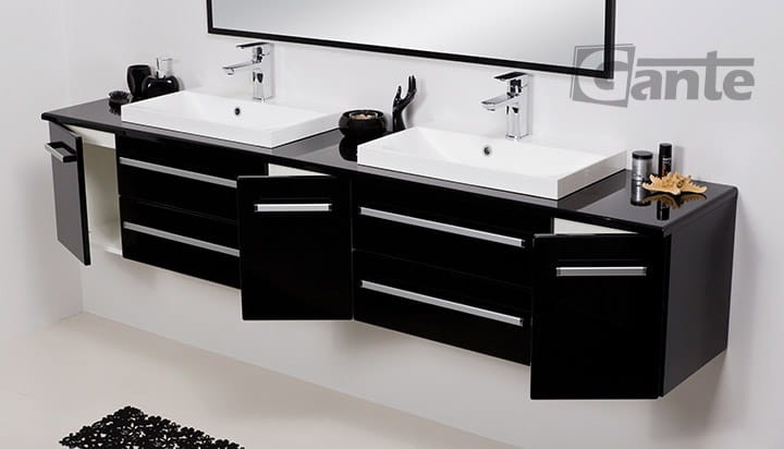 Duża szafka z blatem Fokus 210 cm czarny połysk + umywalki nablatowe LIV-600