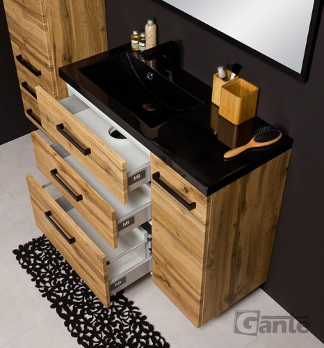 Szafka pod umywalkę 90 cm 3 szuflady Fokus Loft dekor dąb naturalny z czarna umywalką