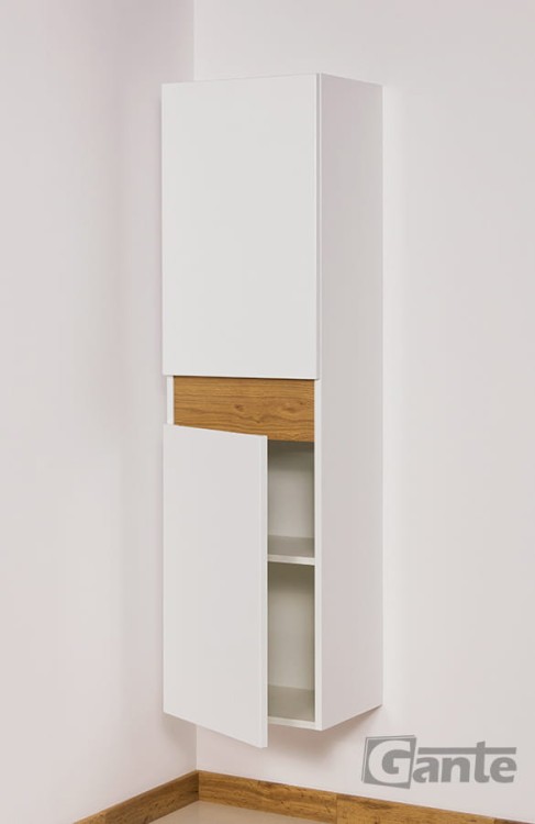 Regał łazienkowy wiszący Cassini biały z dekorem dąb naturalny 2 drzwiowy