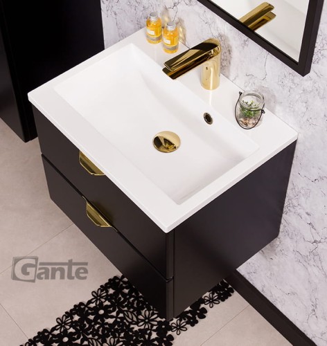 Czarna szafka pod umywalkę Victa 50 cm z umywalką  złote uchwyty