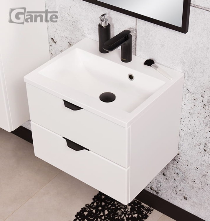 Szafka pod umywalkę Victa 50 cm 2 szuflady biały mat z czarnymi uchwytami