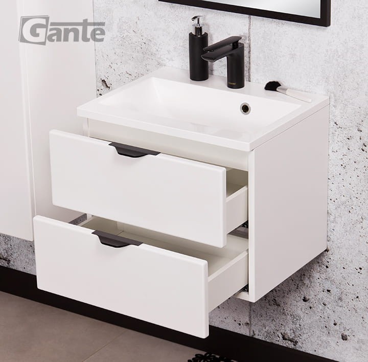 Szafka pod umywalkę Victa 50 cm 2 szuflady biały mat z czarnymi uchwytami