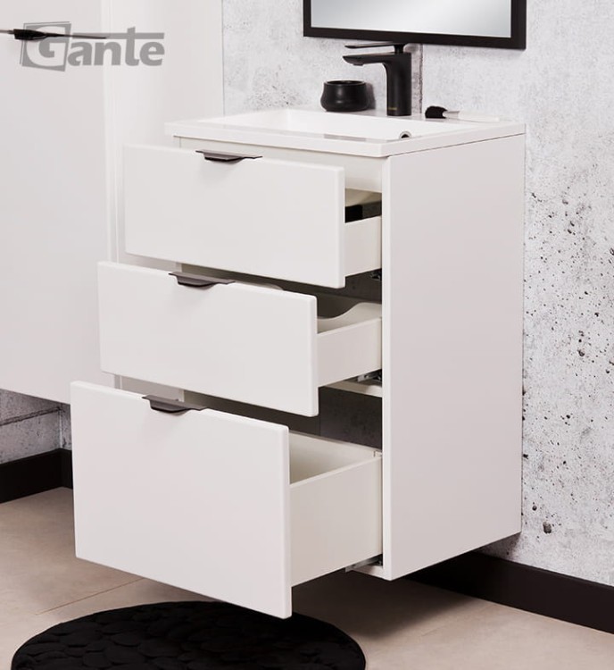 Szafka pod umywalkę Victa 50 cm 3 szuflady biały mat z czarnymi uchwytami