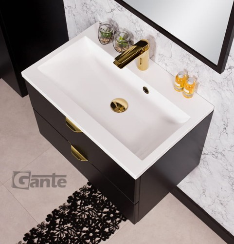 Czarna szafka pod umywalkę Victa 2 szuflady 60 cm z umywalką złote uchwyty