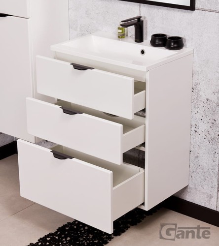 Szafka pod umywalkę Victa 60 cm 3 szuflady biały mat z czarnymi uchwytami