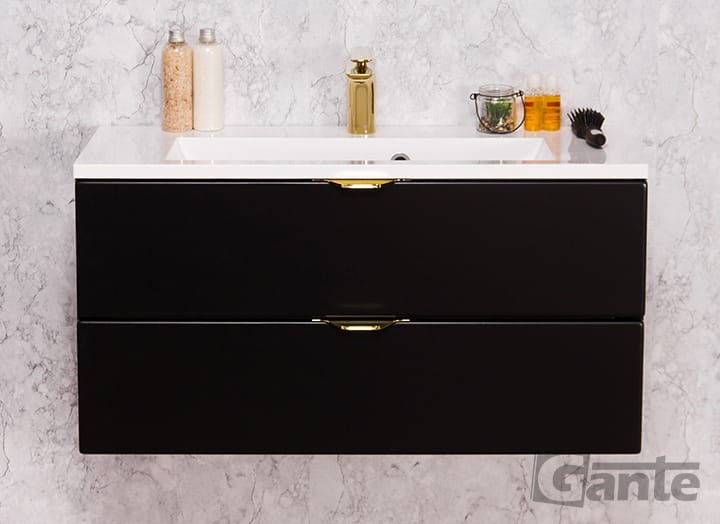 Czarna szafka pod umywalkę Victa 2 szuflady 80 cm z umywalką złote uchwyty