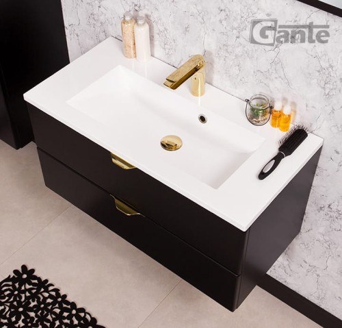 Czarna szafka pod umywalkę Victa 2 szuflady 80 cm z umywalką złote uchwyty