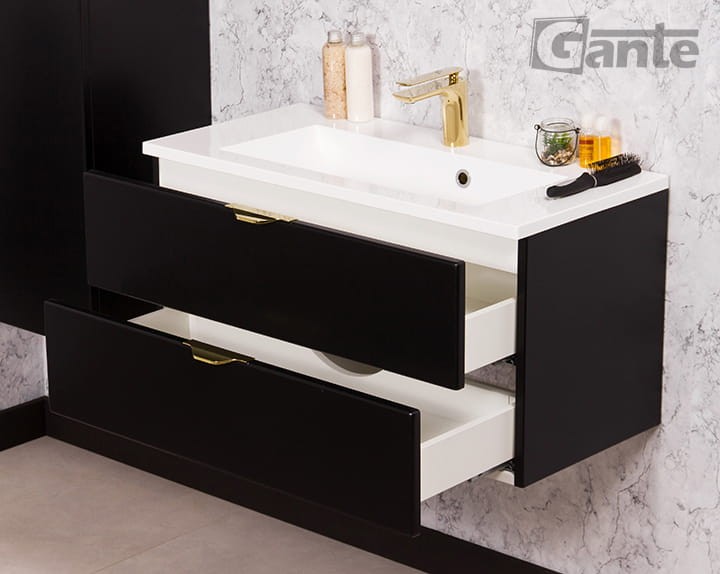 Czarna szafka pod umywalkę Victa 2 szuflady 80 cm z umywalką złote uchwyty