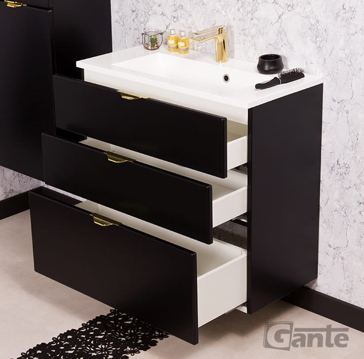Czarna szafka pod umywalkę Victa 3 szuflady 80 cm z umywalką złote uchwyty