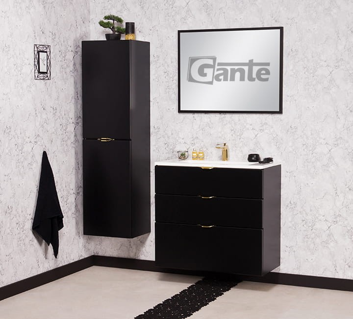 Czarna szafka pod umywalkę Victa 3 szuflady 80 cm z umywalką złote uchwyty