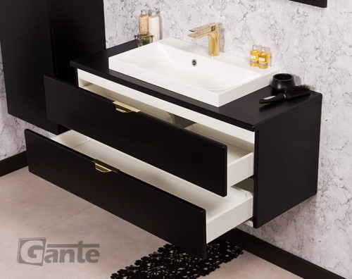 Czarna szafka pod umywalkę Victa 2 szuflady 100 cm z blatem i umywalką nablatową złote uchwyty