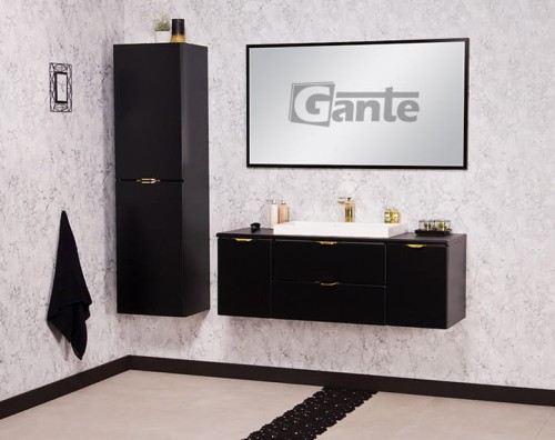 Czarna szafka pod umywalkę Victa 120 cm z blatem i umywalką nablatową złote uchwyty