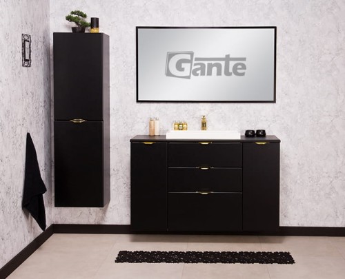 Czarna szafka pod umywalkę Victa 3 szuflady 120 cm z blatem i umywalką nablatową złote uchwyty