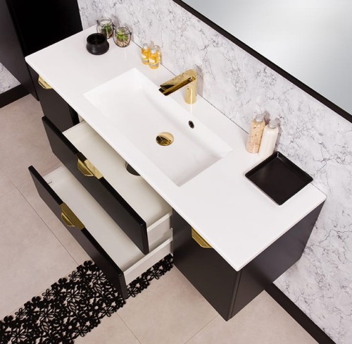 Czarna szafka pod umywalkę Victa 120 cm z umywalką złote uchwyty