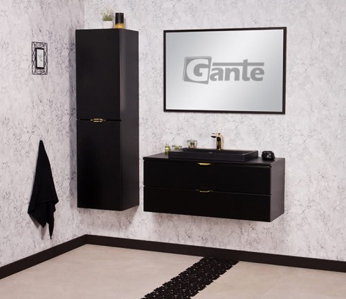 Czarna szafka pod umywalkę Victa 2 szuflady 100 cm z blatem i czarną umywalką nablatową złote uchwyty