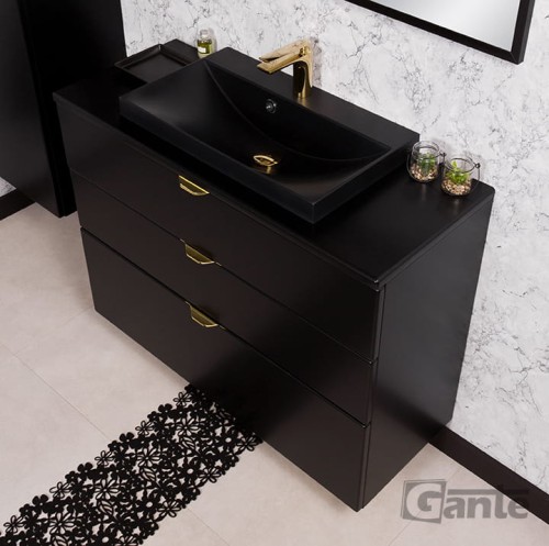 Czarna szafka pod umywalkę Victa 3 szuflady 100 cm z blatem i czarną umywalką nablatową złote uchwyty
