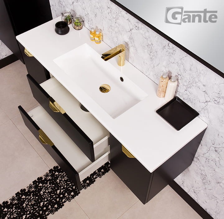 Czarna szafka pod umywalkę Victa 120 cm z umywalką złote uchwyty (4).jpg