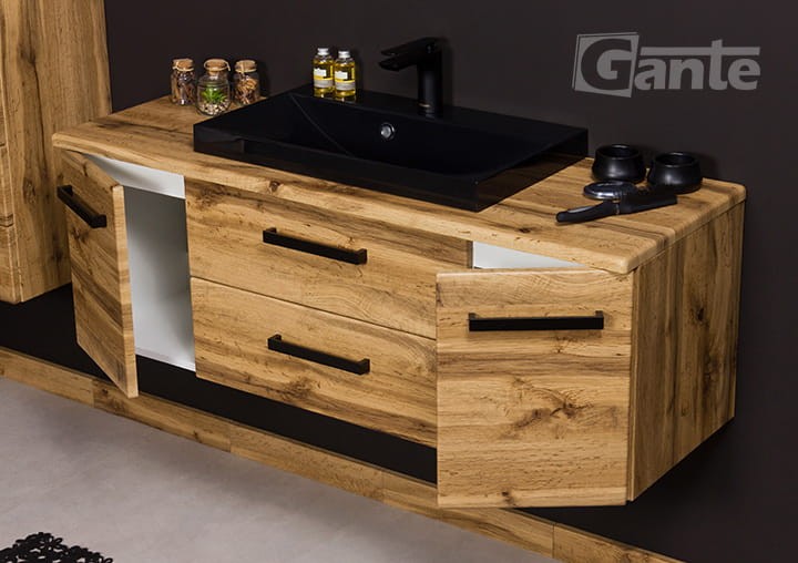 Szafka łazienkowa z blatem dekor dąb naturalny 120 cm z czarną matową umywalką kolekcja mebli łazienkowych fokus loft (1).jpg