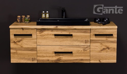 Szafka łazienkowa z blatem dekor dąb naturalny 120 cm z czarną matową umywalką kolekcja mebli łazienkowych fokus loft (4).jpg