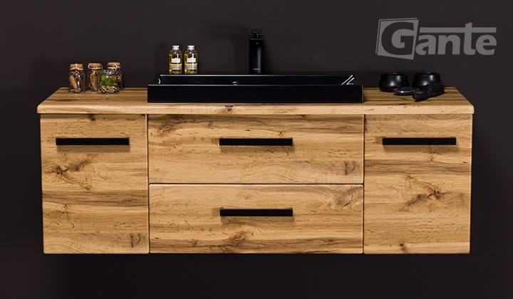 Szafka łazienkowa z blatem dekor dąb naturalny 120 cm z czarną matową umywalką kolekcja mebli łazienkowych fokus loft (4).jpg