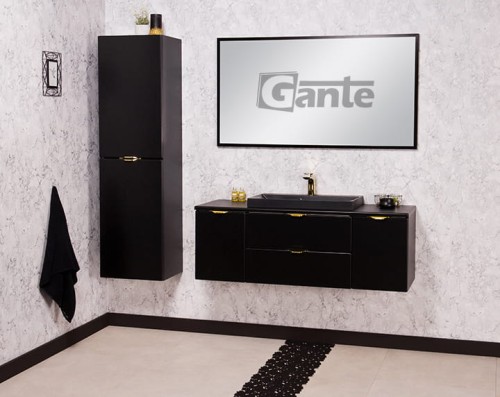 Czarna szafka pod umywalkę Victa 120 cm z blatem i czarną umywalką nablatową złote uchwyty